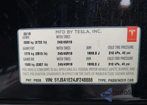 2018 Tesla Model S 100D/75D/P100D из США, поврежденный, VIN 5YJSA1E24JF248888